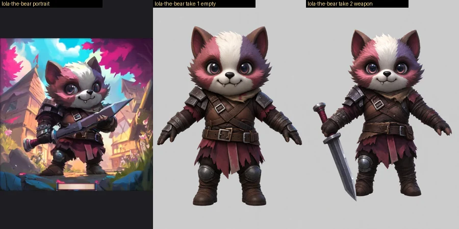 Lola's card portrait next to two A-pose redraws on grey: one with empty hands, one holding her sword out to the side.
