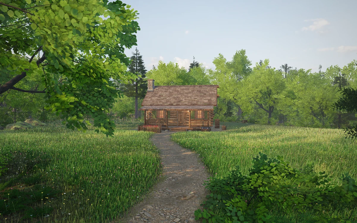 A stony dirt path winds through a tall meadow to a small log cabin with a cedar roof and a porch, under broadleaf trees and pines.