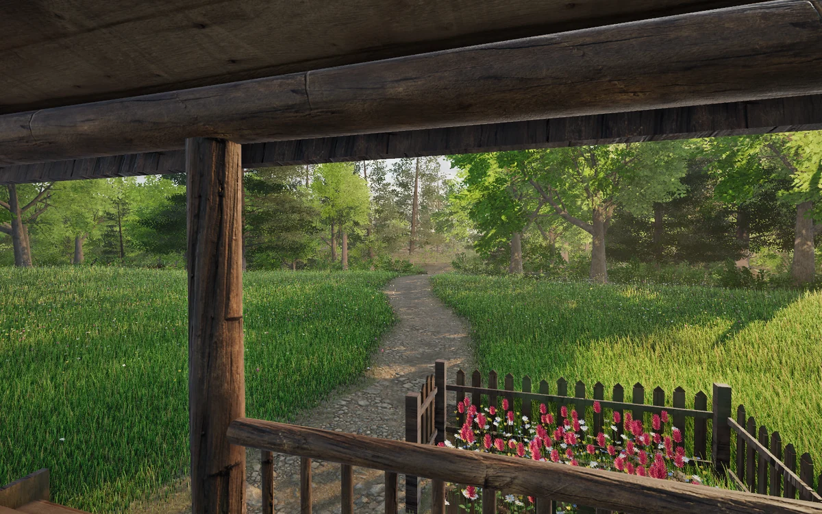 The view from the cabin porch past a log post and rail: a picket-fenced garden of red clover and daisies, the path, the meadow and the forest beyond.